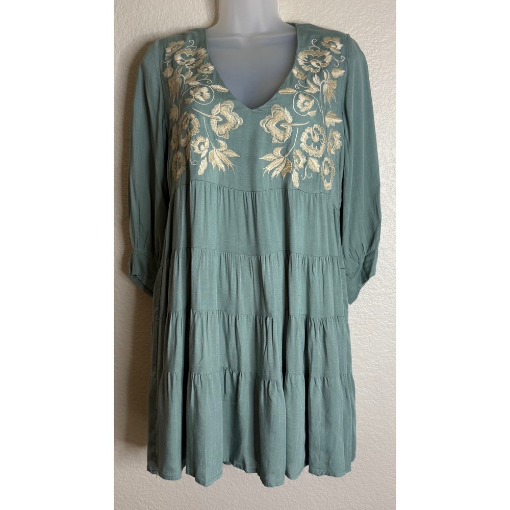 Magnolia Boutique Small Dress Sage Green Embroidered Tiered Babydoll Boho Chic